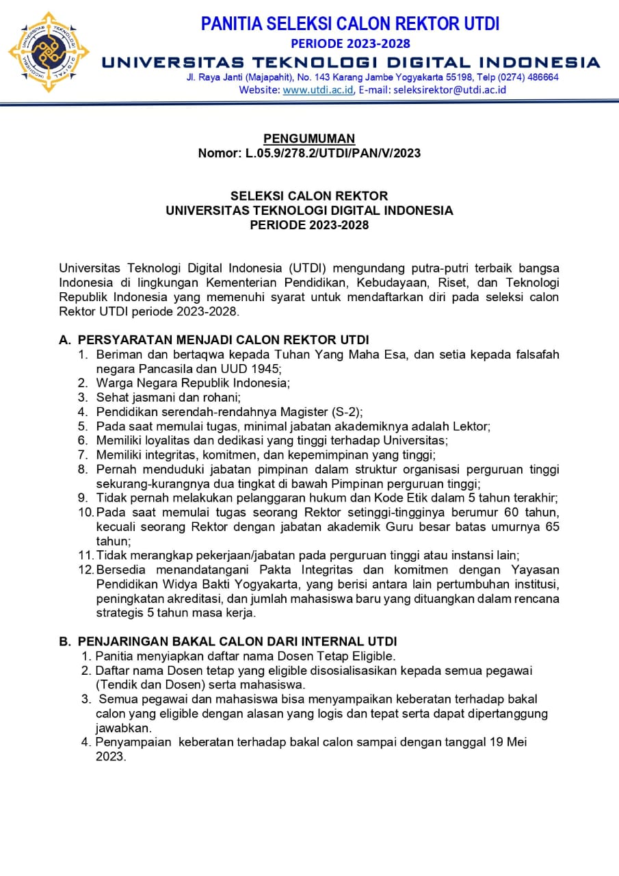 Pengumuman Seleksi Calon Rektor UTDI Periode 2023-2028