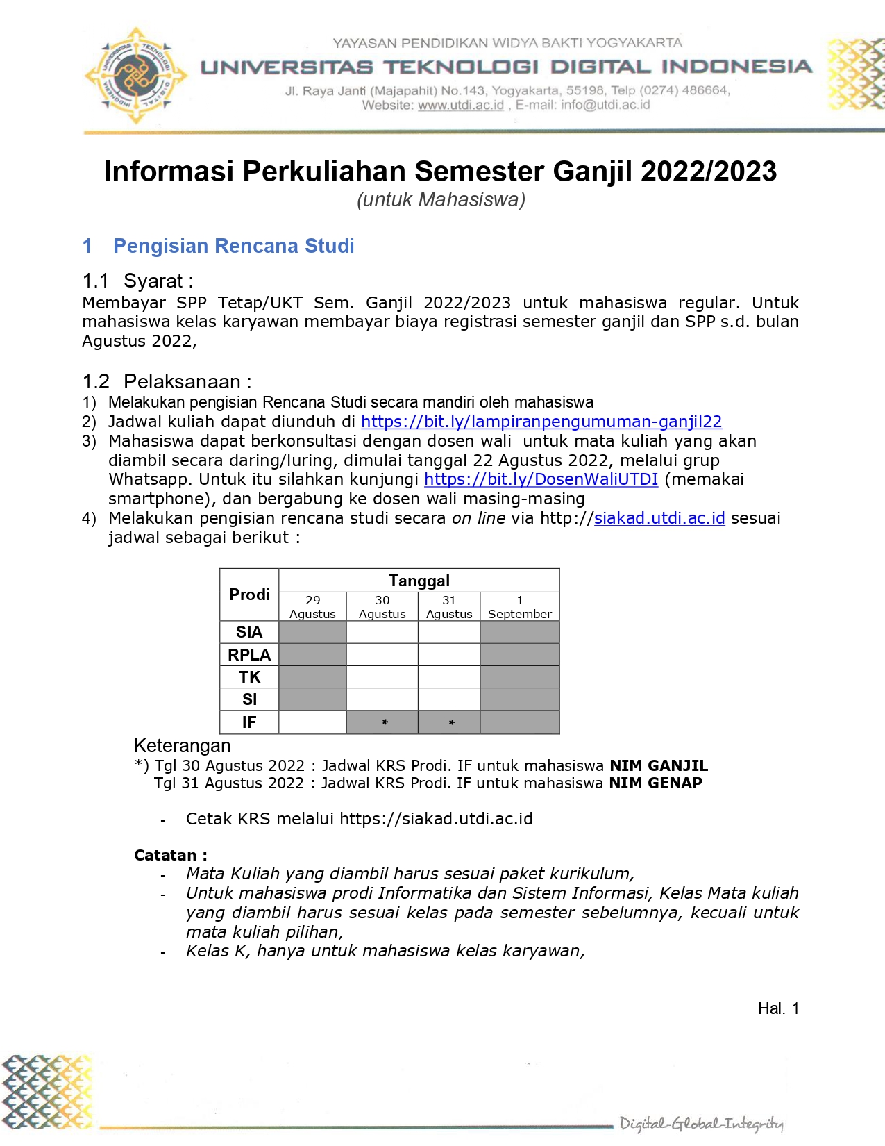 Informasi Perkuliahan Semester Ganjil 2022/2023