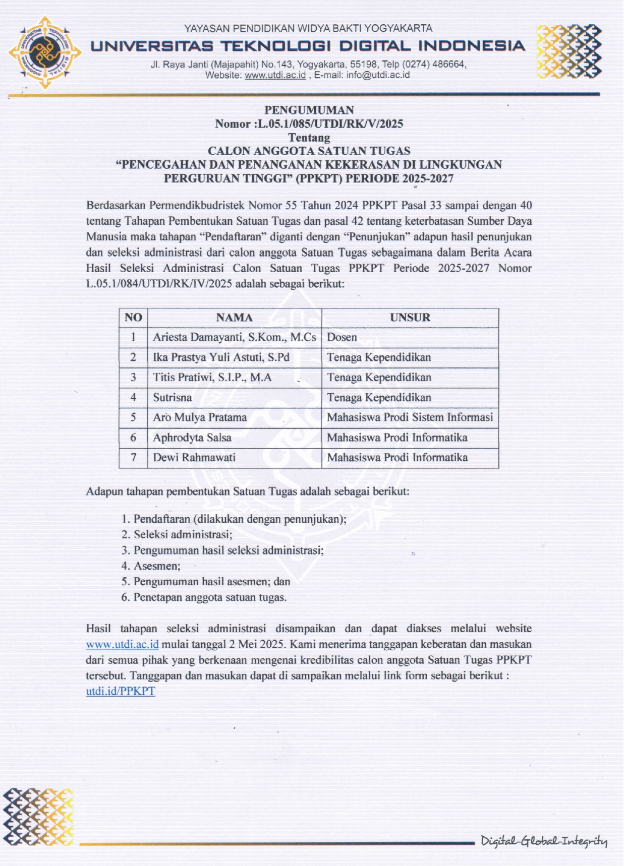 PENGUMUMAN CALON ANGGOTA SATGAS PPKPT