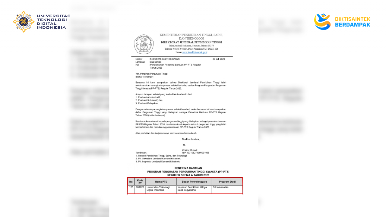 Prodi Informatika UTDI Raih Hibah  Program Penguatan Perguruan Tinggi Swasta (PP-PTS) Tahun 2026